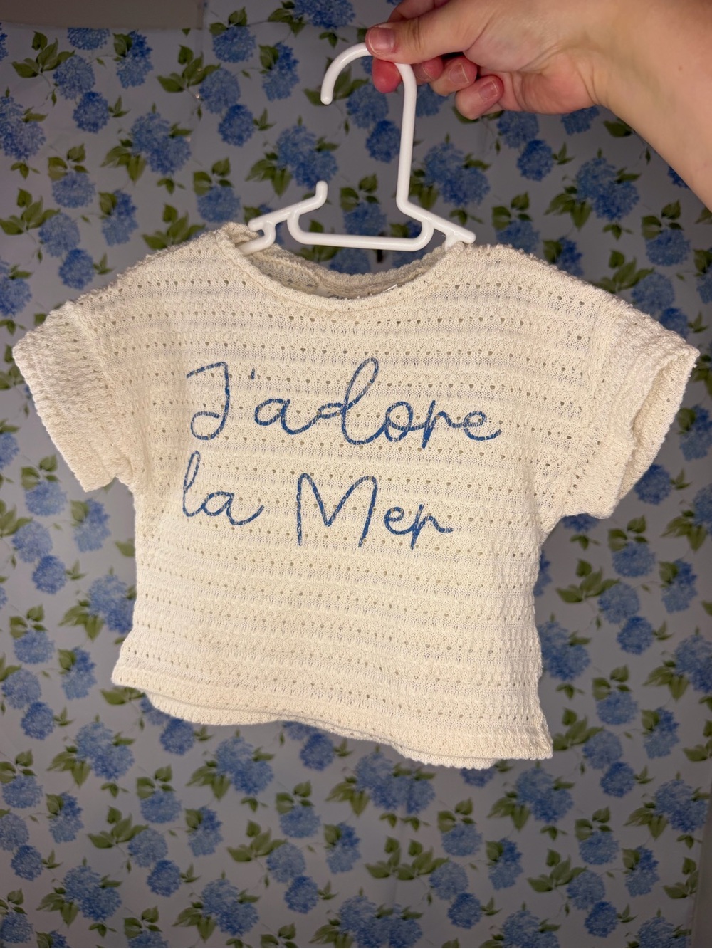 Zara Cream Knit Short Sleeve Tee with Blue Script
